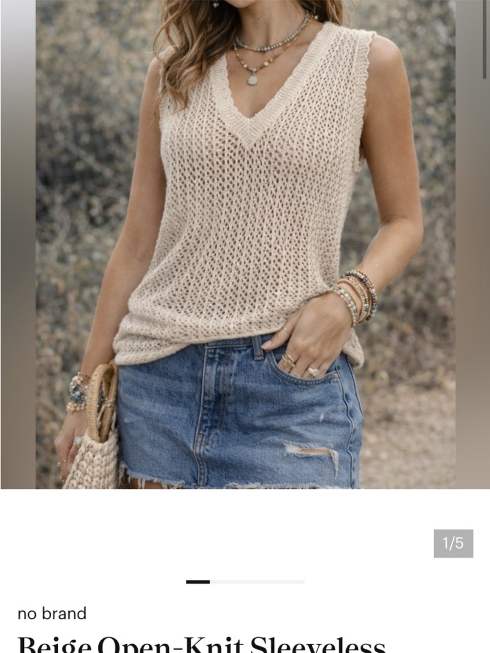 Beige Open-Knit V-Neck Sleeveless Tank Top